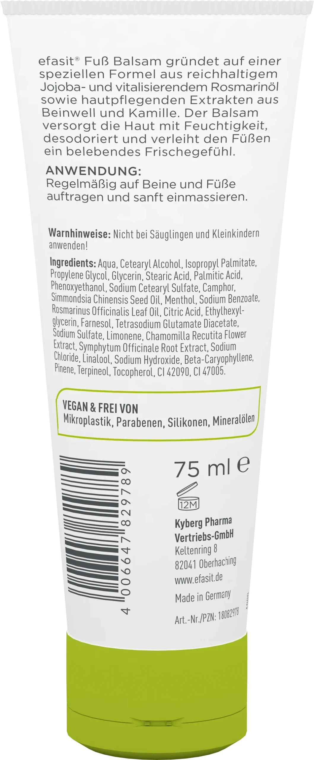 efasit Fuß Balsam Rückseite mit Anwendung und Beschreibung